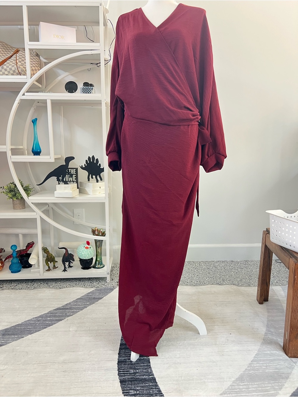 Burgundy Maroon Wrap Maxi Dress with Pockets XL - Picture 4 of 13